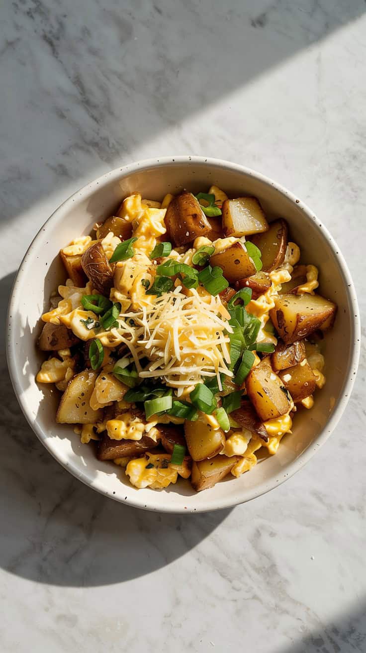 A top-down photograph of a beautifully presented potato egg scramble in a white ceramic dish. The eggs and crispy potatoes are mixed together with visible texture, garnished with finely chopped green onions and a sprinkle of golden shredded cheese. The dish is placed on a smooth, clean marble countertop, with a subtle shadow around the dish creating a sense of depth. Soft, natural lighting from above highlights the rich colors and textures of the dish.