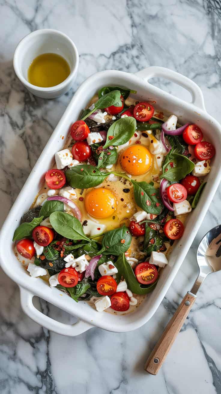 A top-down photograph of a white baking dish on a sleek marble countertop. The dish is filled with a colorful medley of crumbled feta cheese, cherry tomatoes, baby spinach, and thinly sliced red onions. Two eggs with intact yolks are cracked over the top, and the entire dish is drizzled with olive oil and sprinkled with red pepper flakes. A small prep bowl and a wooden spoon are placed beside the dish, adding a sense of active preparation.