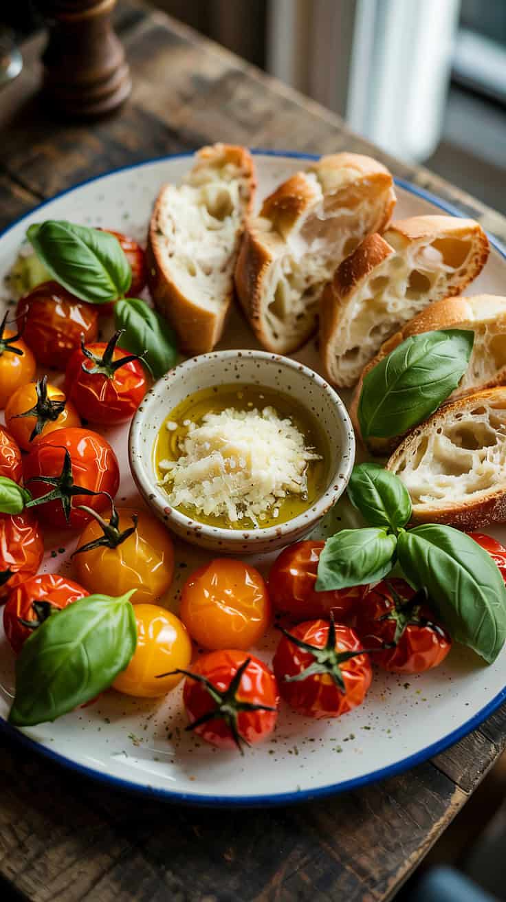 A photograph of a beautifully arranged plate of side dishes for Eggs in Purgatory. The plate features roasted cherry tomatoes, slices of crusty bread, and a sprinkle of fresh basil leaves, all arranged neatly around the center. A small bowl of finely grated Parmesan cheese and a drizzle of olive oil complete the composition, with a soft, warm lighting casting a gentle glow over the scene.