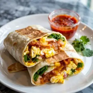 A photograph showcasing a sliced breakfast burrito presented from a top-down perspective on a pristine white ceramic plate. The burrito’s golden tortilla is slightly puffed and reveals a vibrant filling of fluffy scrambled eggs, creamy melted cheddar cheese, and finely diced green onions. Alongside the burrito sits a small ramekin of bright red "El Yucateco" hot sauce and a sprig of fresh cilantro, all resting on a cool, grey marble countertop with subtle veining. Soft, natural light gently illuminates the scene, highlighting the textures and colors of the delicious breakfast.