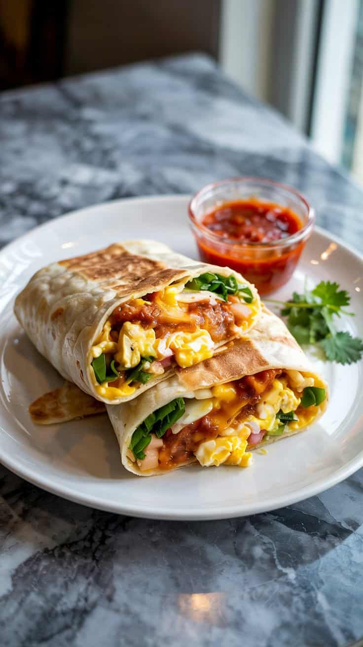 A photograph showcasing a sliced breakfast burrito presented from a top-down perspective on a pristine white ceramic plate. The burrito’s golden tortilla is slightly puffed and reveals a vibrant filling of fluffy scrambled eggs, creamy melted cheddar cheese, and finely diced green onions. Alongside the burrito sits a small ramekin of bright red "El Yucateco" hot sauce and a sprig of fresh cilantro, all resting on a cool, grey marble countertop with subtle veining. Soft, natural light gently illuminates the scene, highlighting the textures and colors of the delicious breakfast.