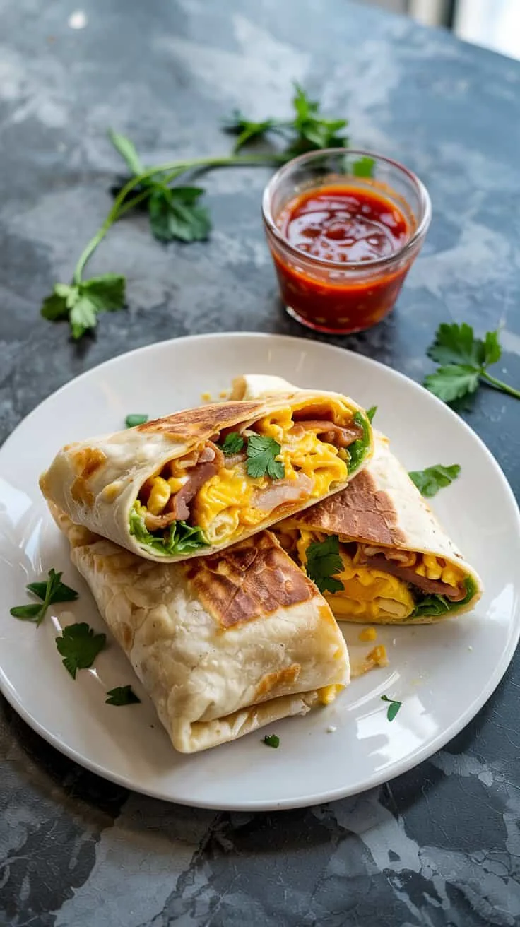 A photograph of a perfectly sliced breakfast burrito presented from a direct top-down perspective on a pristine white ceramic plate. The burrito’s golden tortilla is slightly cracked, revealing a fluffy interior of vibrant yellow scrambled eggs and gooey melted cheddar cheese, with a visible sprinkle of finely chopped cilantro. Next to the burrito sits a small ramekin filled with bright red "El Yucateco" hot sauce, alongside a few scattered sprigs of fresh parsley on a cool, grey marble countertop. Soft, diffused natural light illuminates the scene, highlighting the textures and colors of the breakfast meal.