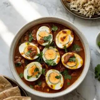 A photograph of a shallow white ceramic bowl displaying a vibrant dhaba-style egg curry, viewed from directly above. Six halved boiled eggs are submerged in a thick, richly colored masala gravy with visible flecks of chili and turmeric, generously garnished with freshly chopped cilantro. The bowl sits on a pristine white marble countertop, next to a small stack of warm rotis and a plate of fluffy steamed basmati rice. Soft, diffused natural light illuminates the scene, creating gentle highlights on the marble and highlighting the textures of the curry.