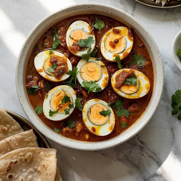 A photograph of a shallow white ceramic bowl displaying a vibrant dhaba-style egg curry, viewed from directly above. Six halved boiled eggs are submerged in a thick, richly colored masala gravy with visible flecks of chili and turmeric, generously garnished with freshly chopped cilantro. The bowl sits on a pristine white marble countertop, next to a small stack of warm rotis and a plate of fluffy steamed basmati rice. Soft, diffused natural light illuminates the scene, creating gentle highlights on the marble and highlighting the textures of the curry.
