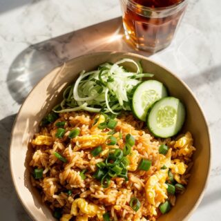 A photograph of a takeout-style ceramic bowl filled with vibrant egg fried rice viewed from directly above. The golden rice is generously speckled with bright green onion and fluffy scrambled egg, glistening with a delicate drizzle of sesame oil. Beside the bowl sits a refreshing side of sliced cucumber salad, accompanied by a clear glass of iced tea with condensation droplets clinging to the side. The entire scene is set against the cool, elegant backdrop of a white marble kitchen countertop, softly illuminated by natural light.
