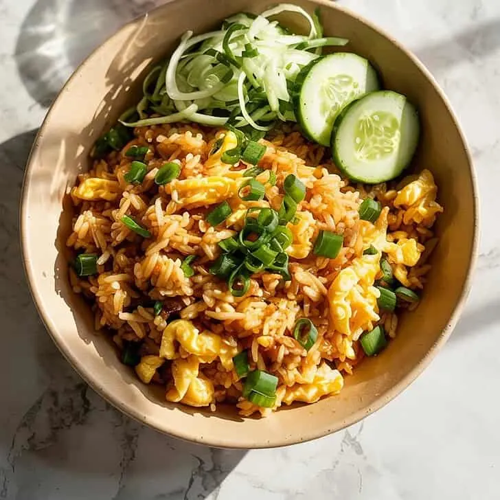 A photograph of a takeout-style ceramic bowl filled with vibrant egg fried rice viewed from directly above. The golden rice is generously speckled with bright green onion and fluffy scrambled egg, glistening with a delicate drizzle of sesame oil. Beside the bowl sits a refreshing side of sliced cucumber salad, accompanied by a clear glass of iced tea with condensation droplets clinging to the side. The entire scene is set against the cool, elegant backdrop of a white marble kitchen countertop, softly illuminated by natural light.