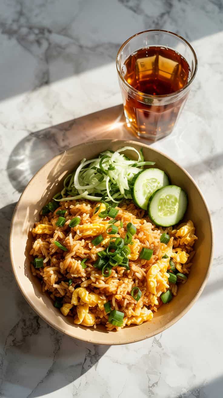 A photograph of a takeout-style ceramic bowl filled with vibrant egg fried rice viewed from directly above. The golden rice is generously speckled with bright green onion and fluffy scrambled egg, glistening with a delicate drizzle of sesame oil. Beside the bowl sits a refreshing side of sliced cucumber salad, accompanied by a clear glass of iced tea with condensation droplets clinging to the side. The entire scene is set against the cool, elegant backdrop of a white marble kitchen countertop, softly illuminated by natural light.