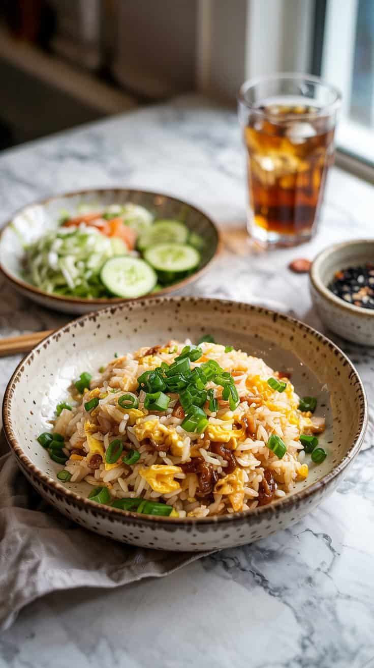 A photo of a white marble kitchen countertop with a takeout-style ceramic bowl of egg fried rice. The rice is golden and speckled with green onion and egg, with a drizzle of sesame oil glistening on top. The bowl is accompanied by a side of sliced cucumber salad and a glass of iced tea in the background.