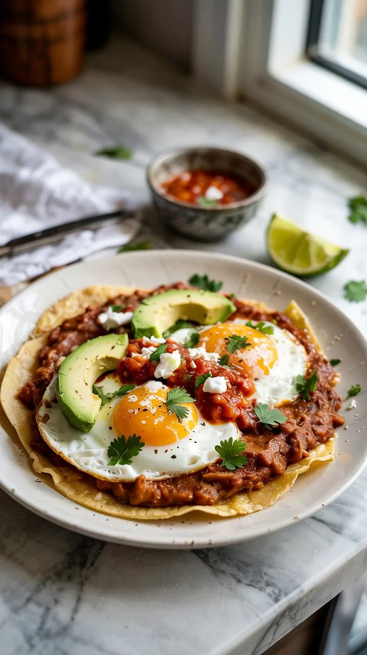 A photograph of a vibrant plate of Huevos Rancheros served on a pristine white ceramic dish. Crisp corn tortillas form the base, generously layered with creamy refried beans, two perfectly fried eggs with sunny yolks, a generous spoonful of bright red salsa, and slices of creamy avocado, all topped with crumbled queso fresco. The plate sits on a light-colored white marble kitchen countertop, accompanied by a small ceramic bowl of fiery red hot sauce and a wedge of fresh lime, all garnished with a scattering of vibrant green cilantro. Soft, natural light streams in from a nearby window, highlighting the textures and colors of the dish.