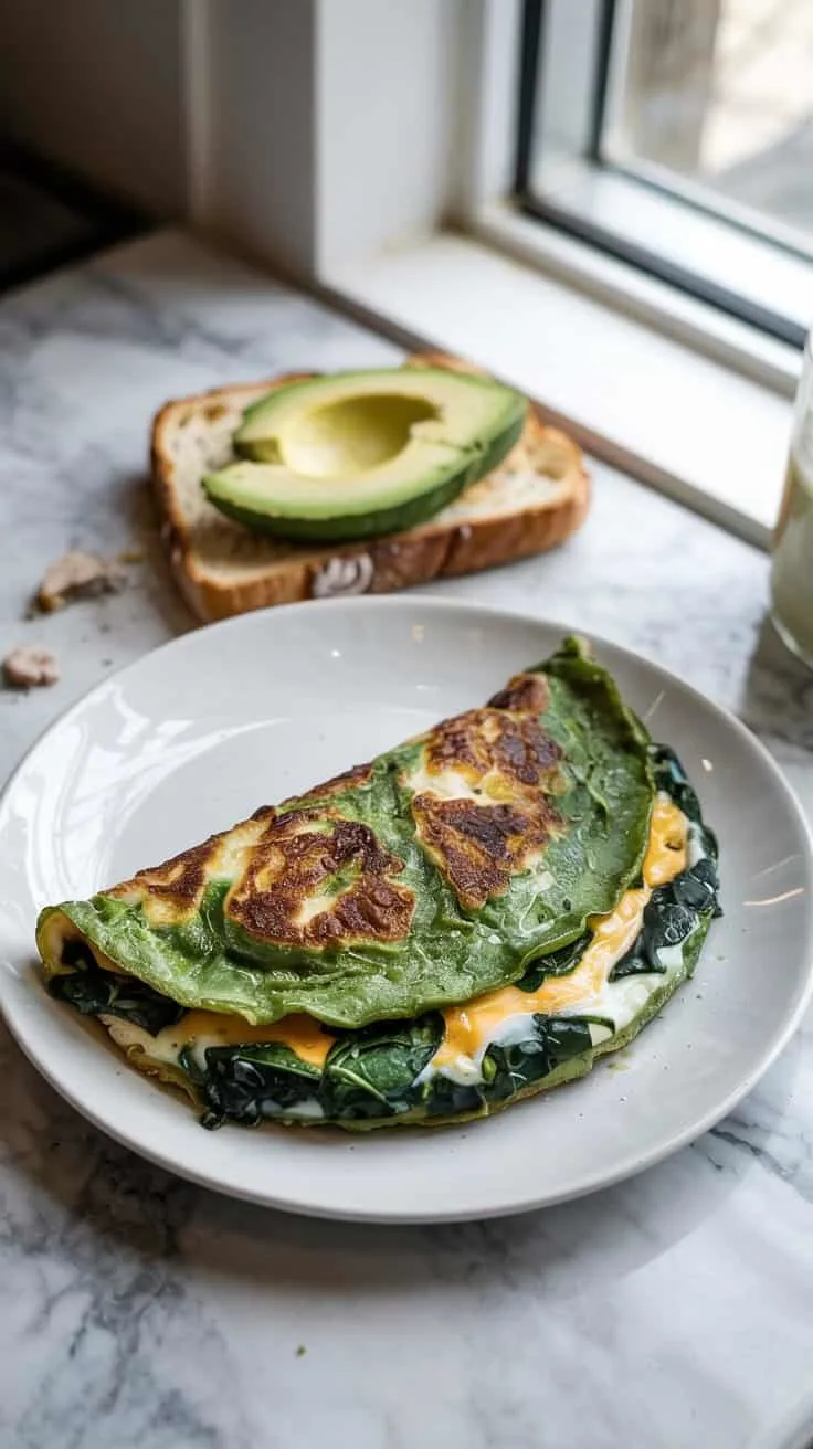 A photograph from a top-down perspective of a perfectly folded spinach and egg white omelet on a pristine white ceramic plate. The omelet has a delicate golden-yellow exterior and a subtle seam revealing the vibrant green wilted spinach and creamy melted cheddar cheese filling. Beside the plate rests a slice of toasted sourdough bread with thinly sliced avocado fanned across it on a cool white marble countertop. Soft, diffused natural light streams in from a nearby window, gently illuminating the breakfast scene.