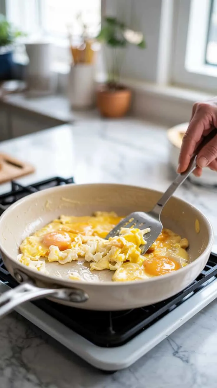 A photograph depicts fluffy scrambled eggs being gently cooked in a pristine white non-stick skillet. The eggs are a vibrant golden yellow, with soft, billowy textures and just beginning to set, stirred by a stainless steel spatula. The skillet rests on a modern white stovetop within a bright, minimalist kitchen featuring a gleaming white marble countertop and simple white cabinetry. Soft, diffused natural light streams in from a nearby window, creating a warm and inviting atmosphere.
