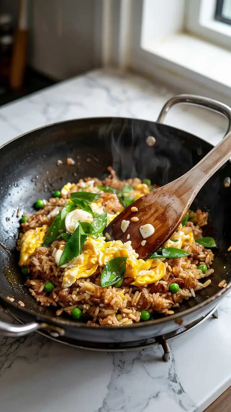 A photograph of a close-up view inside a well-used non-stick wok filled with freshly fried egg rice. The golden-brown rice is gently crisping at the edges, and vibrant scrambled eggs, chopped green onions, bright green peas, and finely minced garlic pieces are being tossed with a well-worn wooden spatula. Wisps of fragrant steam rise from the pan, highlighting the heat and freshness of the meal within. The wok rests on a pristine white marble countertop in a bright, airy kitchen, illuminated by natural light streaming from a nearby window.