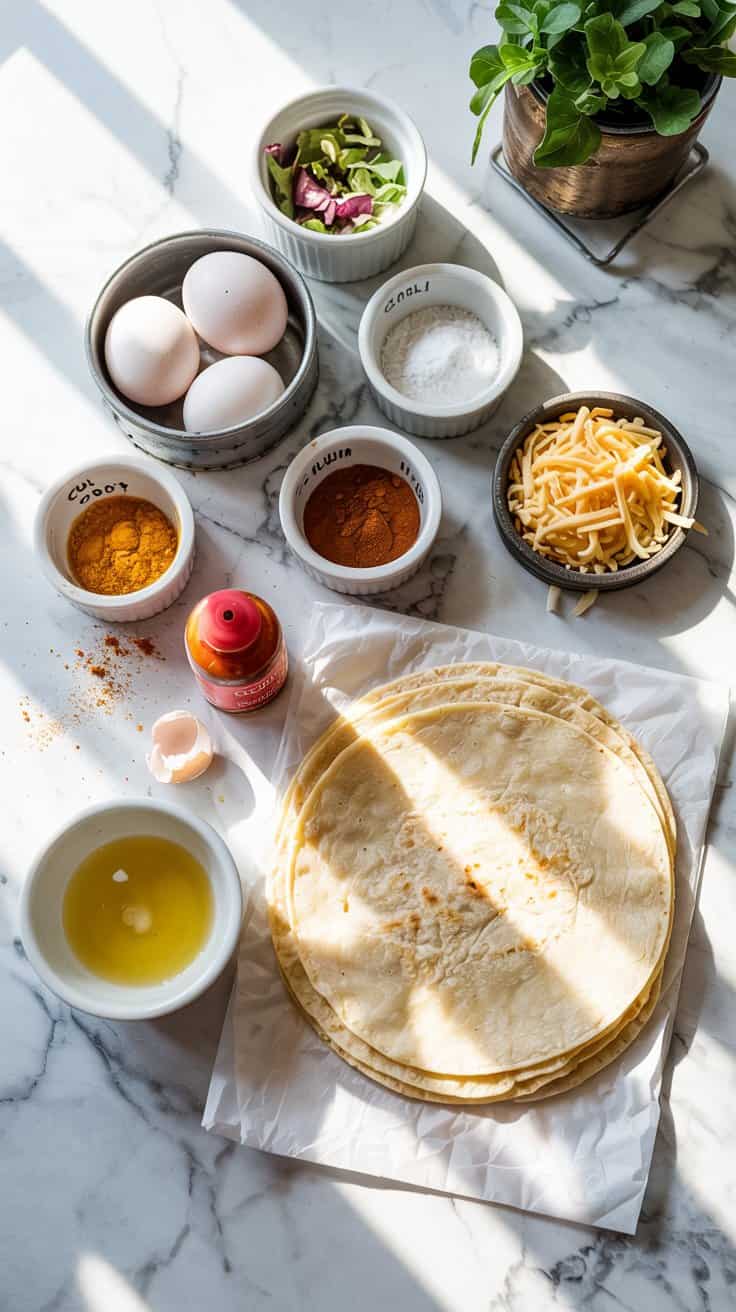 A photograph from a top-down perspective showcases a vibrant array of breakfast burrito ingredients arranged artfully on a pristine white marble countertop. In the center, a stack of warm flour tortillas rests next to a small dish of melted butter, while scattered around are individual ramekins containing perfectly cracked eggs, finely shredded cheddar cheese, and various colorful seasonings labeled "Chili Powder" and "Cumin". A small bottle of bright red hot sauce sits slightly off-center, adding a pop of color to the composition. Soft, natural light gently illuminates the scene, creating subtle shadows and highlighting the textures of the ingredients.