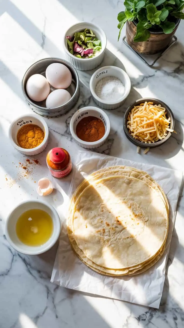 A photograph from a top-down perspective showcases a vibrant array of breakfast burrito ingredients arranged artfully on a pristine white marble countertop. In the center, a stack of warm flour tortillas rests next to a small dish of melted butter, while scattered around are individual ramekins containing perfectly cracked eggs, finely shredded cheddar cheese, and various colorful seasonings labeled "Chili Powder" and "Cumin". A small bottle of bright red hot sauce sits slightly off-center, adding a pop of color to the composition. Soft, natural light gently illuminates the scene, creating subtle shadows and highlighting the textures of the ingredients.