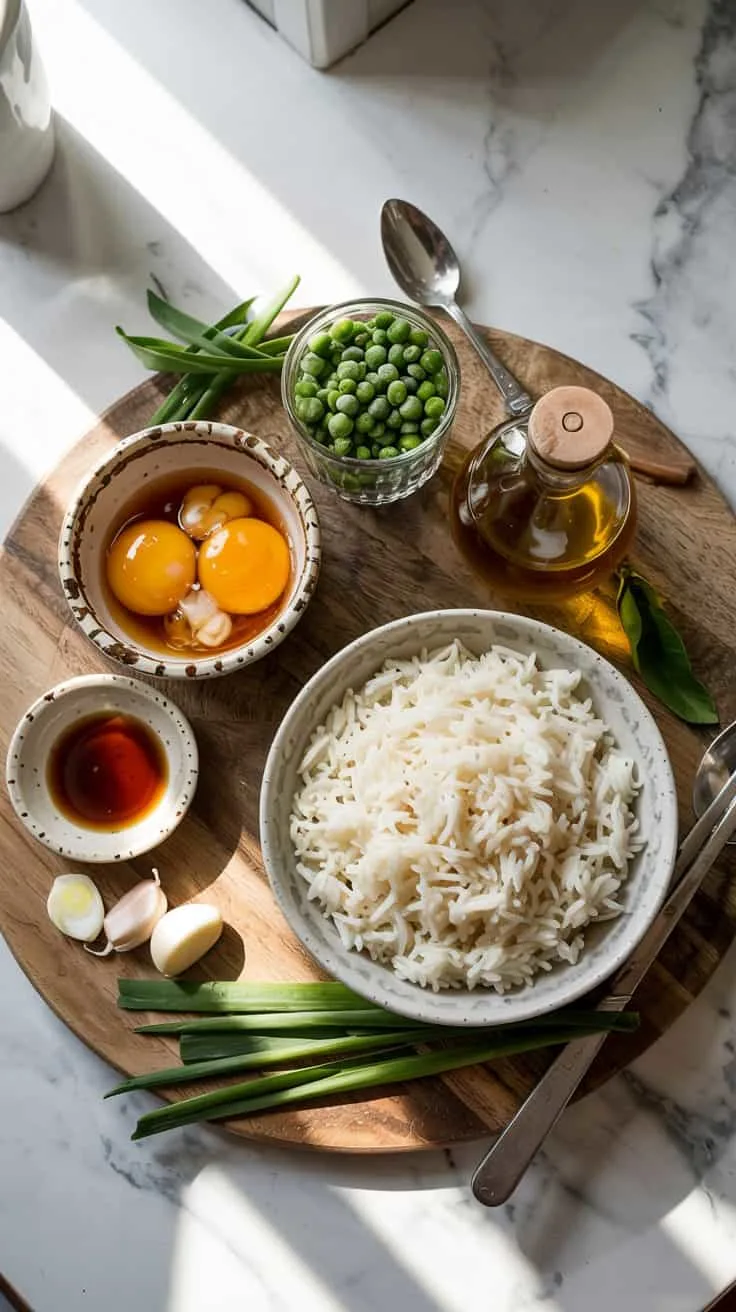 A photograph capturing a top-down view of carefully arranged egg fried rice ingredients on a rustic wooden board. A pristine white bowl of fluffy, cold cooked rice sits centrally, beside it two perfectly cracked eggs rest in a small, aged ramekin with visible yolks. Scattered around are neatly sliced green onions, a miniature ceramic dish filled with dark soy sauce, three glistening garlic cloves, and a small cup of vibrant green frozen peas alongside a glass bottle of sesame oil with a silver spoon casually placed nearby. The scene is set within a bright, clean white marble kitchen, bathed in soft, natural light, creating a warm and inviting atmosphere.