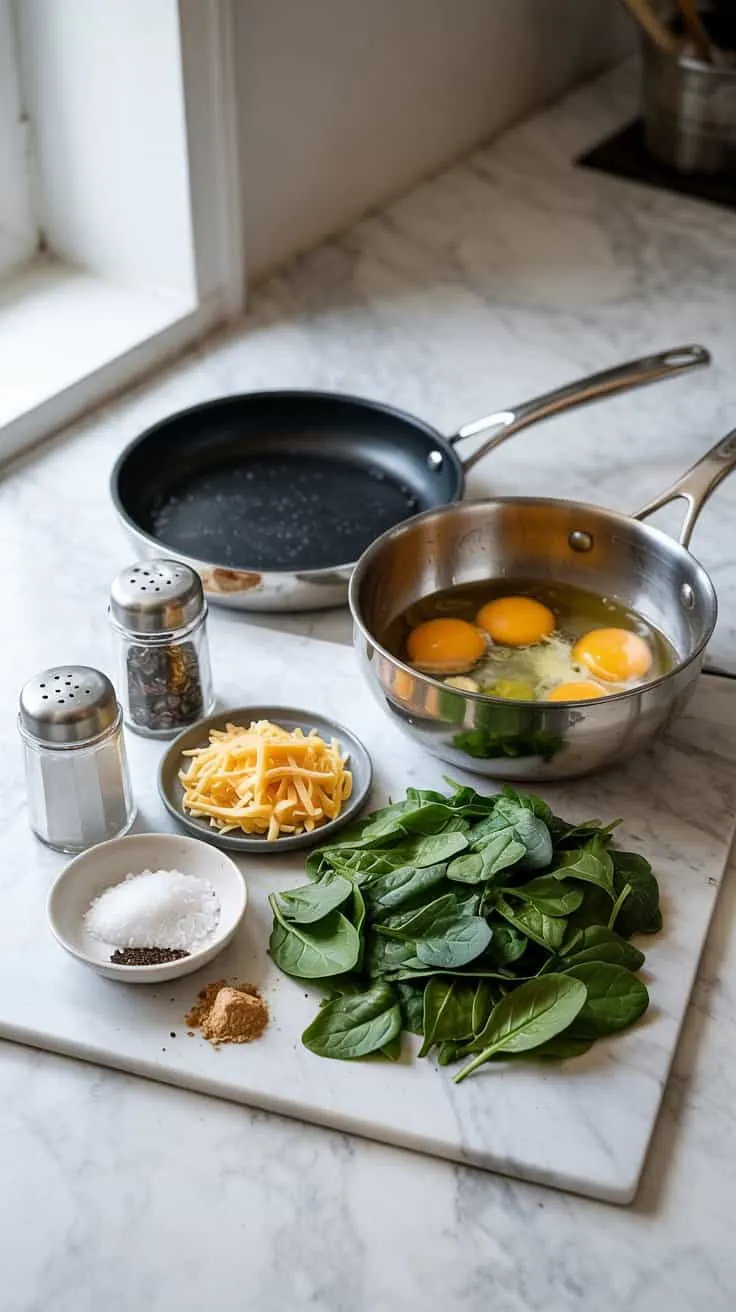 A photograph of ingredients arranged on a pristine white marble countertop, ready to create a spinach and egg white omelet. A stainless steel bowl filled with lightly whisked egg whites sits beside a pile of vibrant, freshly chopped spinach, complemented by a small dish of shredded cheddar cheese, a pinch of garlic powder, and separate containers of coarse sea salt and freshly cracked black pepper. A sleek non-stick pan rests nearby, catching the soft, diffused light from a nearby window, highlighting the clean lines of the white marble and creating a bright, inviting culinary scene. The composition is carefully arranged, emphasizing the freshness and simplicity of the ingredients.