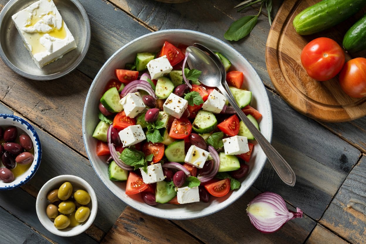 Horiatiki Greek Salad served as a side dish | EpicureDelight