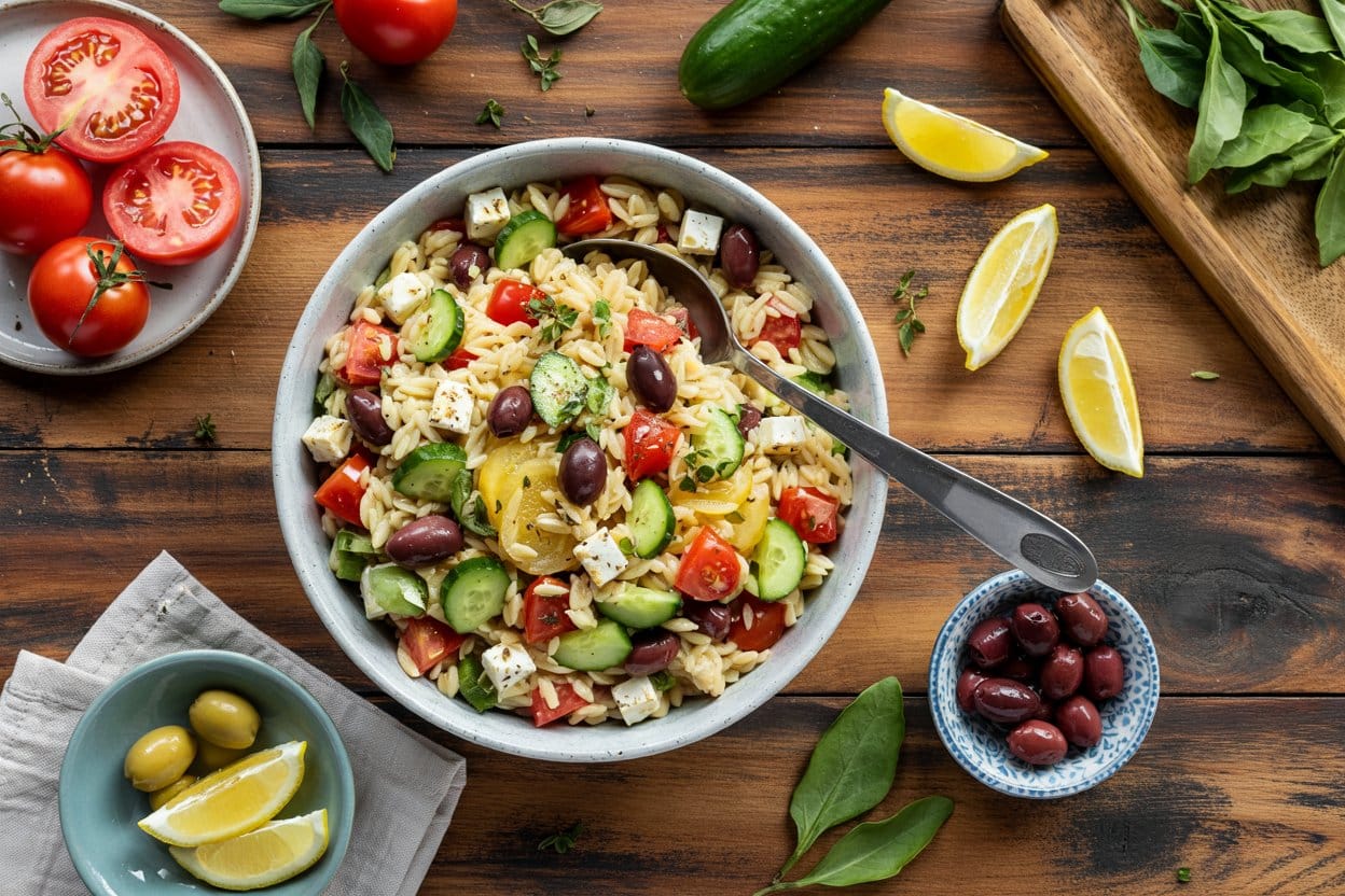 Greek Orzo Salad served as a side dish | EpicureDelight