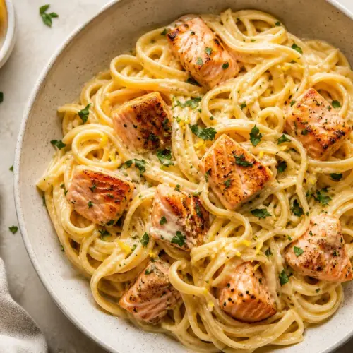 Creamy Lemon Garlic Salmon Pasta | EpicureDelight