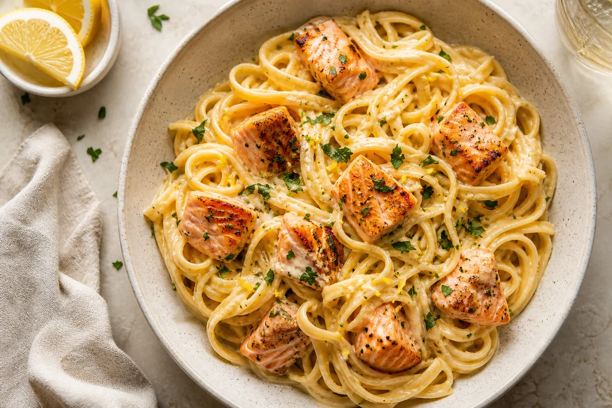 Creamy Lemon Garlic Salmon Pasta | EpicureDelight