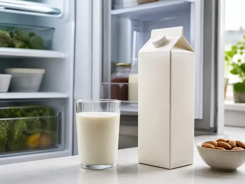 Plain almond milk carton and glass beside an open refrigerator - almond milk | EpicureDelight
