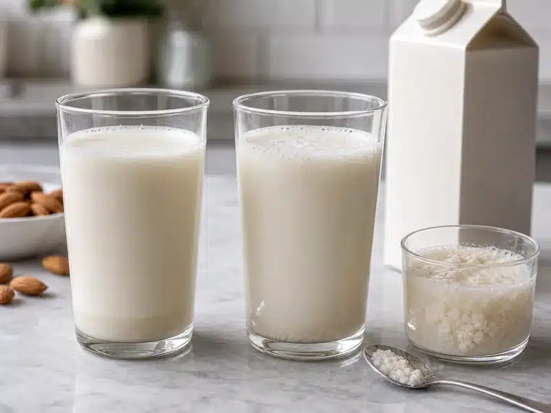 Almond milk glasses checked for settling and curdling - almond milk | EpicureDelight