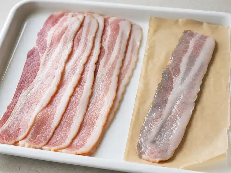 Raw bacon strips checked for dull color and slick surface - bacon | EpicureDelight