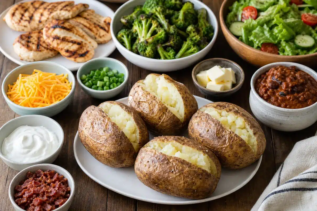 Baked potatoes with chicken, broccoli, salad, chili, and slaw | EpicureDelight