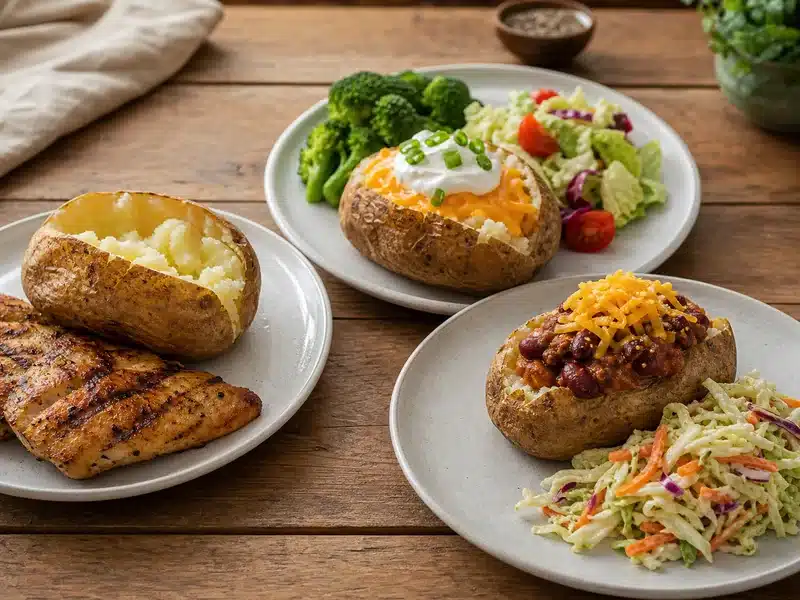 Plain, loaded, and chili-topped baked potatoes with matching sides | EpicureDelight