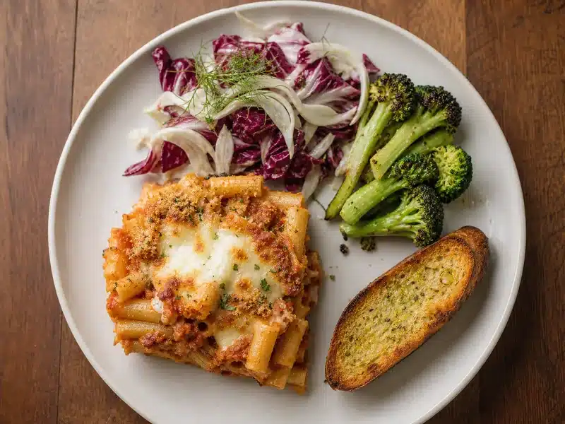 Balanced baked ziti plate with crisp salad and roasted broccoli - ziti meal | EpicureDelight