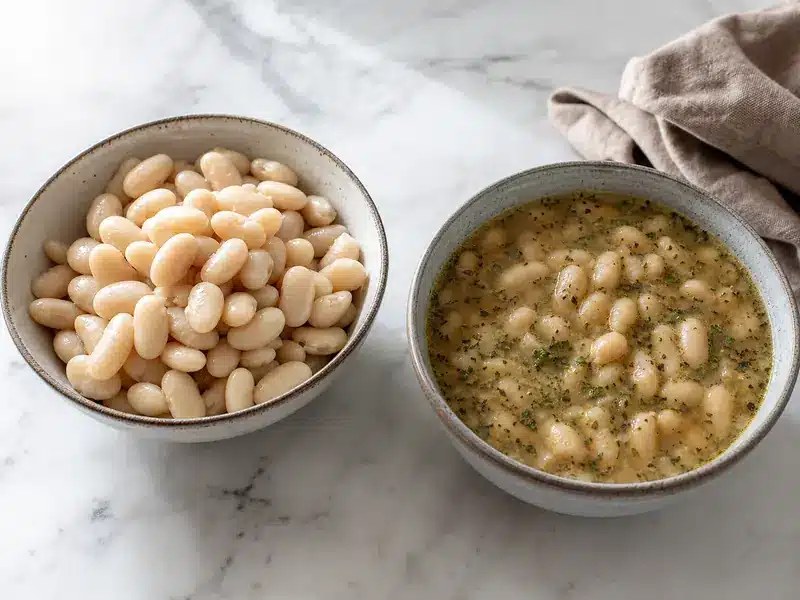 Rinsed canned beans beside beans simmered from dry | EpicureDelight