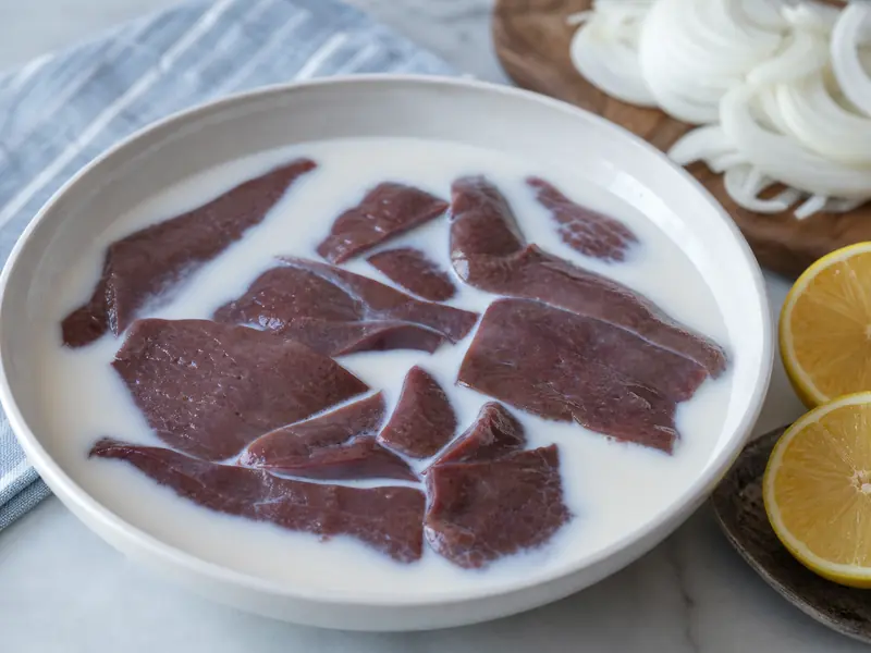 Thin beef liver slices soaking in milk before cooking | EpicureDelight