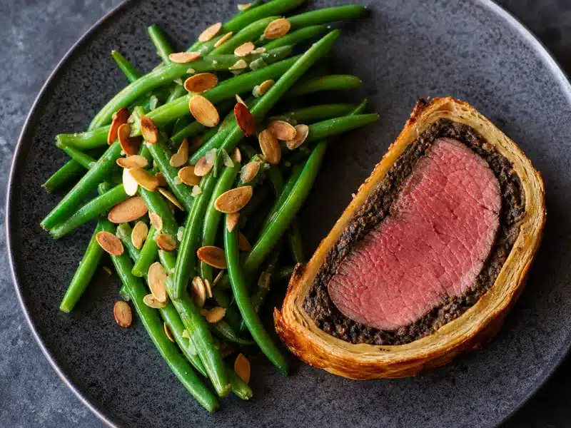 Green beans almondine beside sliced beef Wellington - best beef Wellington side | EpicureDelight