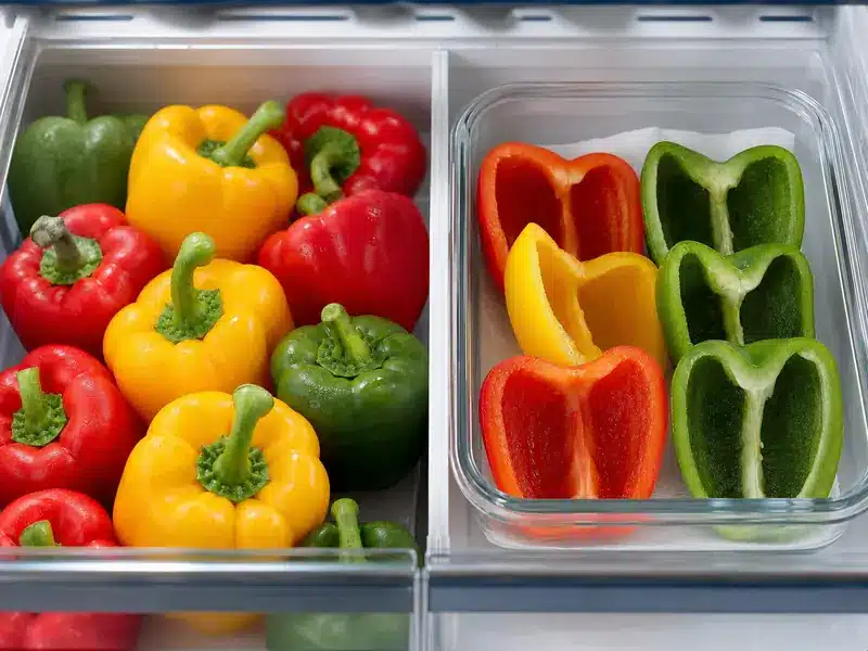 Whole and cut bell peppers stored separately in the refrigerator | EpicureDelight