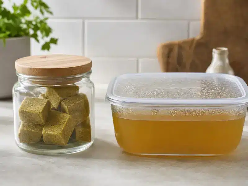 Dry bouillon cubes beside prepared broth | EpicureDelight