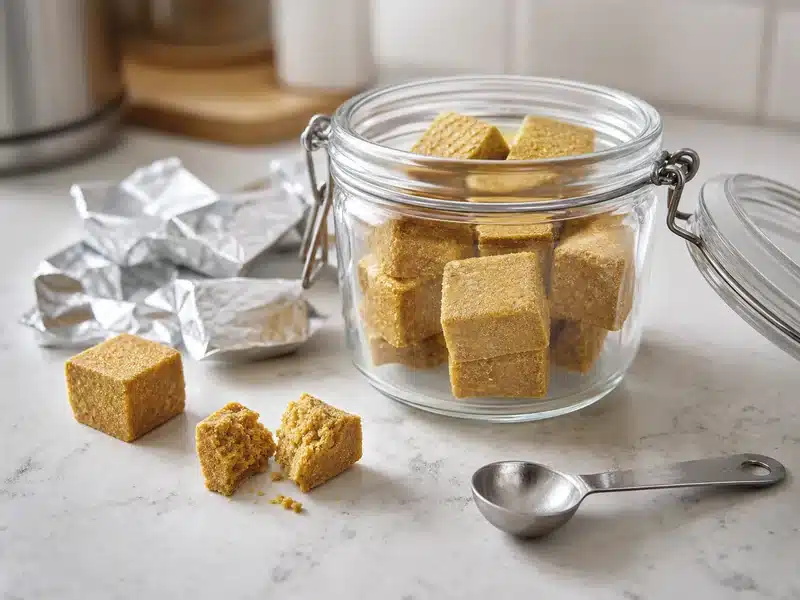 Broken dry bouillon cube beside an airtight jar - bouillon cube texture check | EpicureDelight