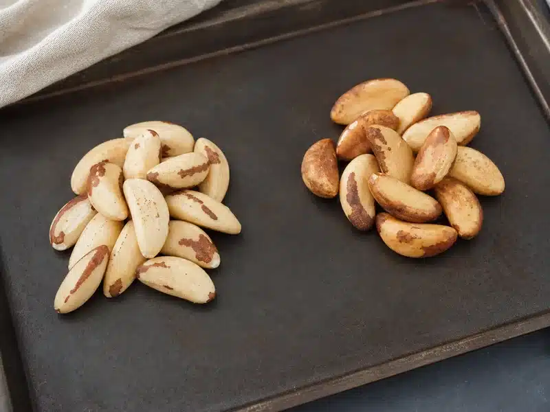 Raw and lightly roasted Brazil nuts on a baking tray