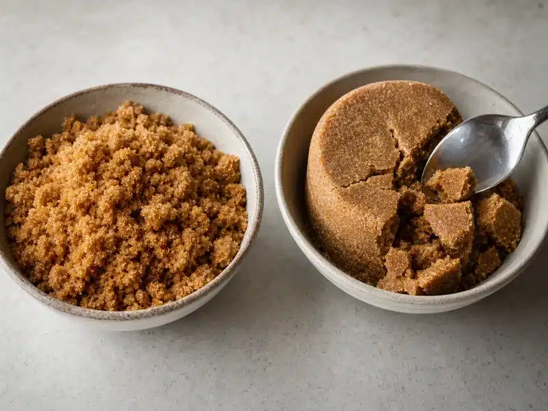 Soft brown sugar beside a hard dry brown sugar block