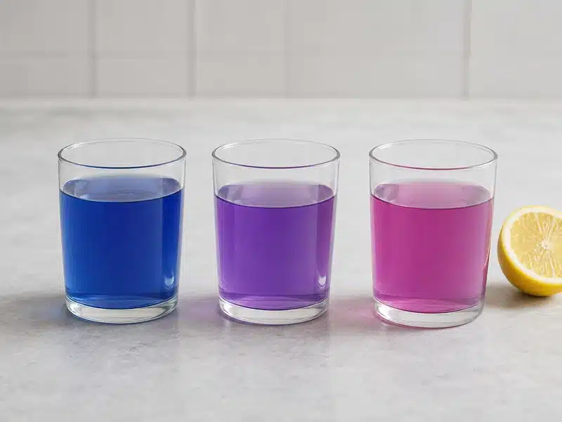 Blue purple and pink butterfly pea tea after increasing lemon juice - butterfly pea tea taste | EpicureDelight