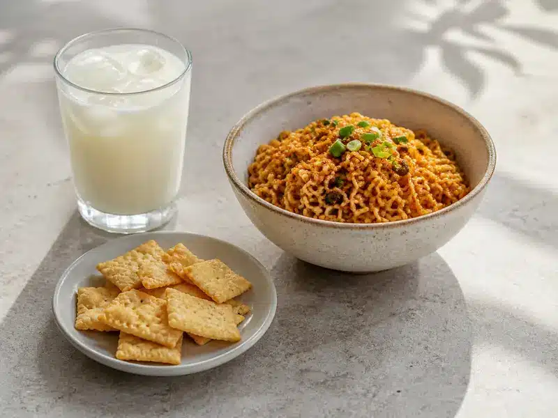 Pale cultured milk drink with spicy noodles and salty crackers | EpicureDelight
