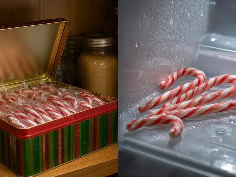 Dry pantry candy canes beside candy canes with refrigerator condensation | EpicureDelight