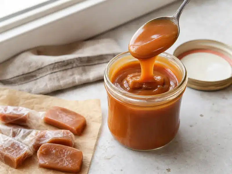 Spoon lifting thick caramel sauce from a jar - caramel texture check | EpicureDelight