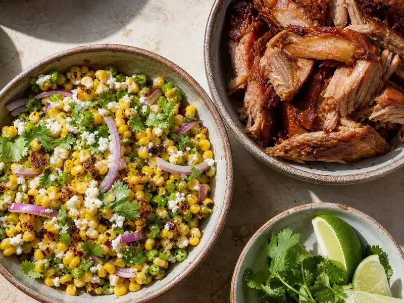 Charred corn salad with lime beside crisp carnitas - carnitas side dish | EpicureDelight