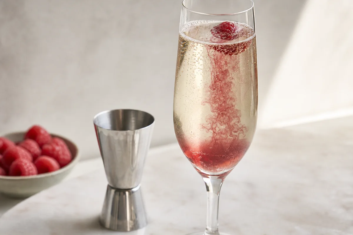 Small measured pour of berry liqueur coloring a dry sparkling drink - Chambord mixing | EpicureDelight