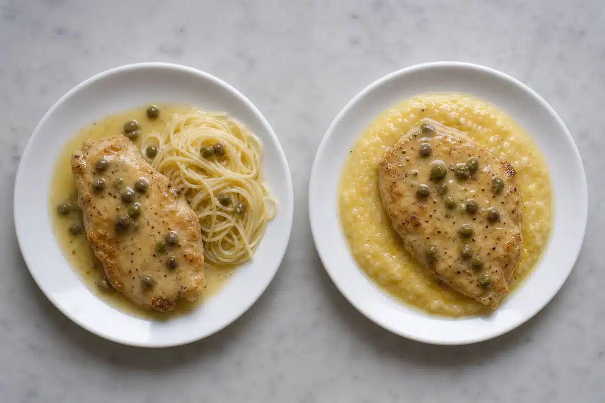 Thin and buttery chicken piccata sauces paired with pasta and polenta - sauce matching | EpicureDelight