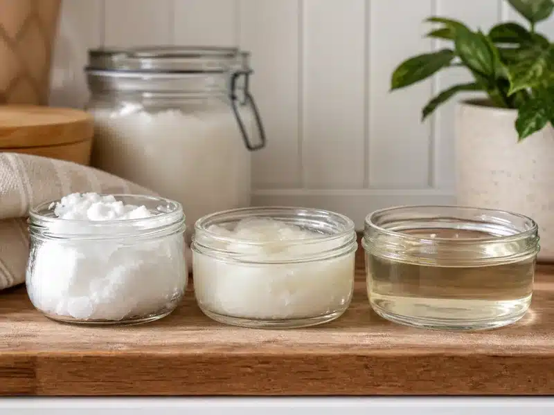 Coconut oil shown as solid, soft, and clear liquid - coconut oil | EpicureDelight