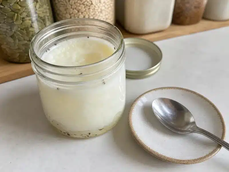 Open coconut oil jar checked for yellowing and debris - coconut oil | EpicureDelight