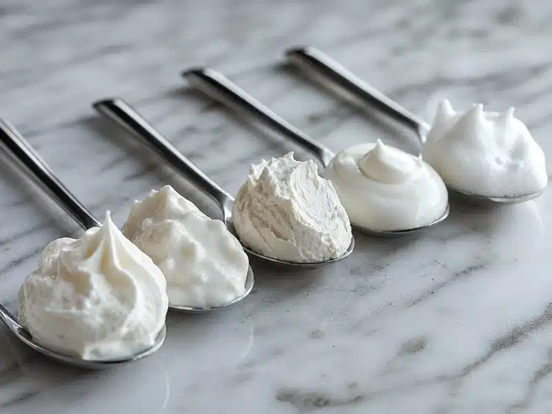 Five whipped topping substitutes showing different peak textures | EpicureDelight