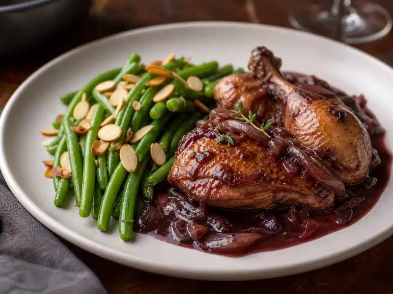 Green beans almondine beside coq au vin - coq au vin vegetable side | EpicureDelight