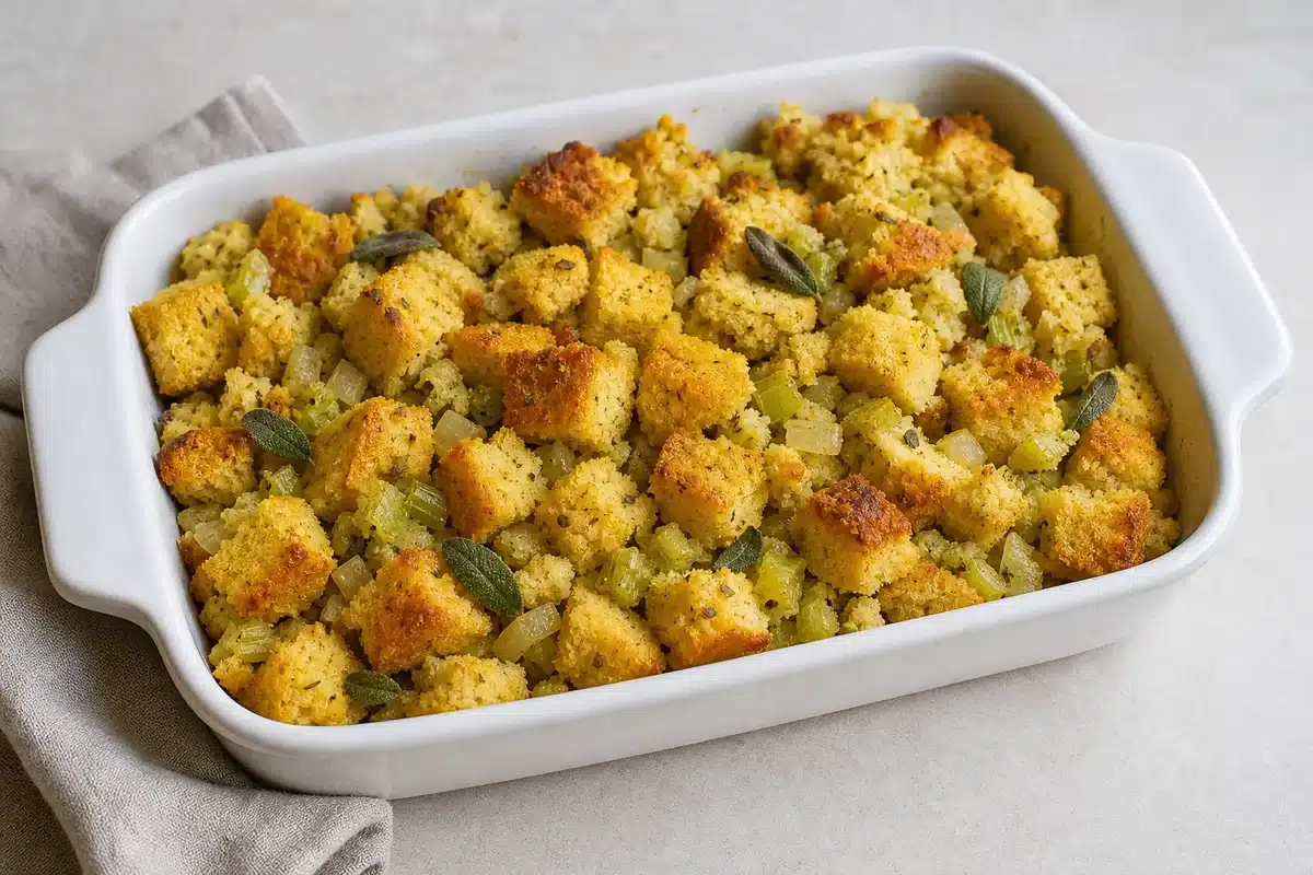 Cornbread Stuffing served as a side dish | EpicureDelight